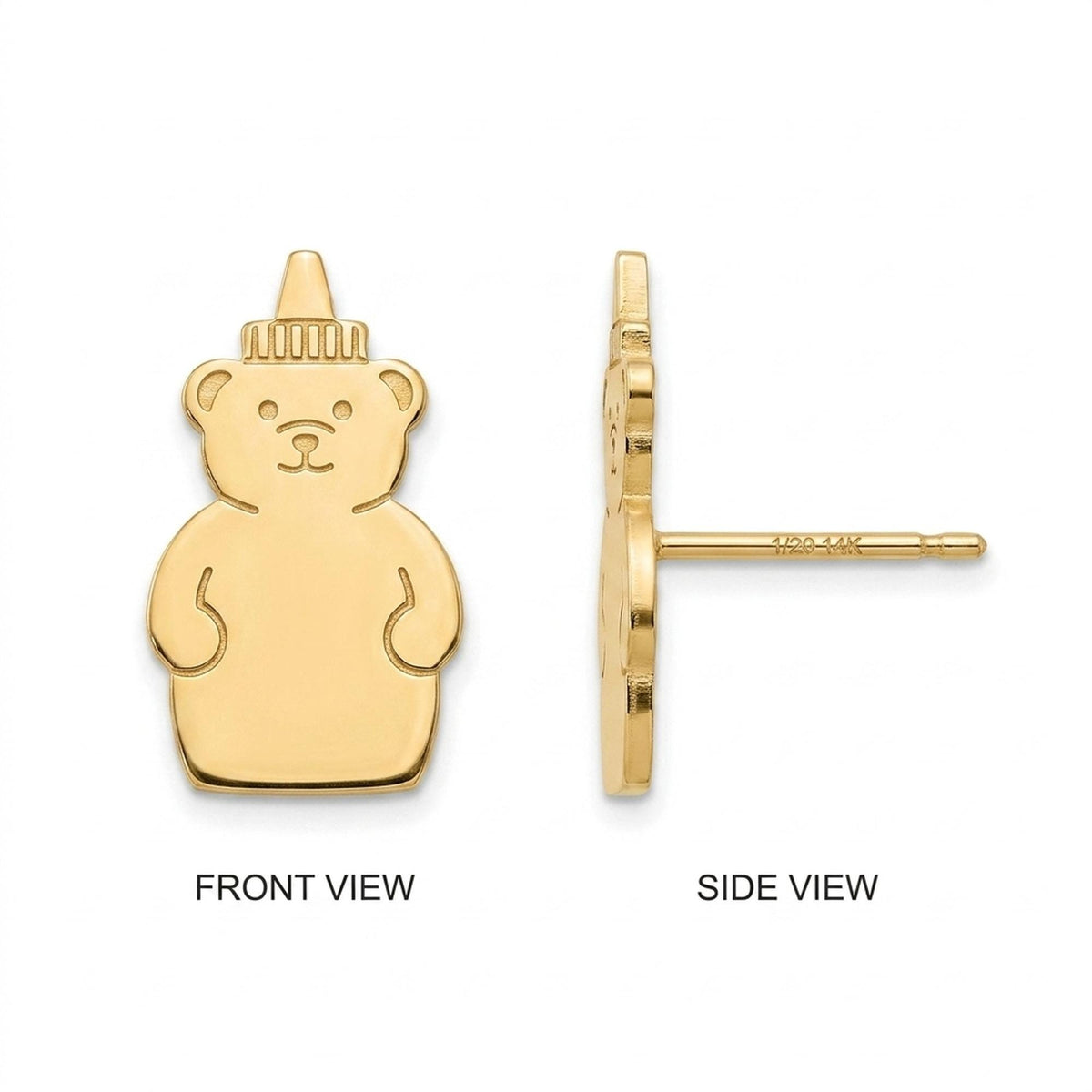 Pair of tiny gold honey bear stud earrings, bear holding a honey pot, on a plain background
