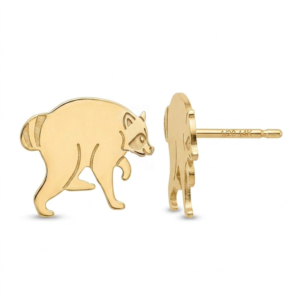 Tiny gold raccoon stud earrings shown standing with front paws raised