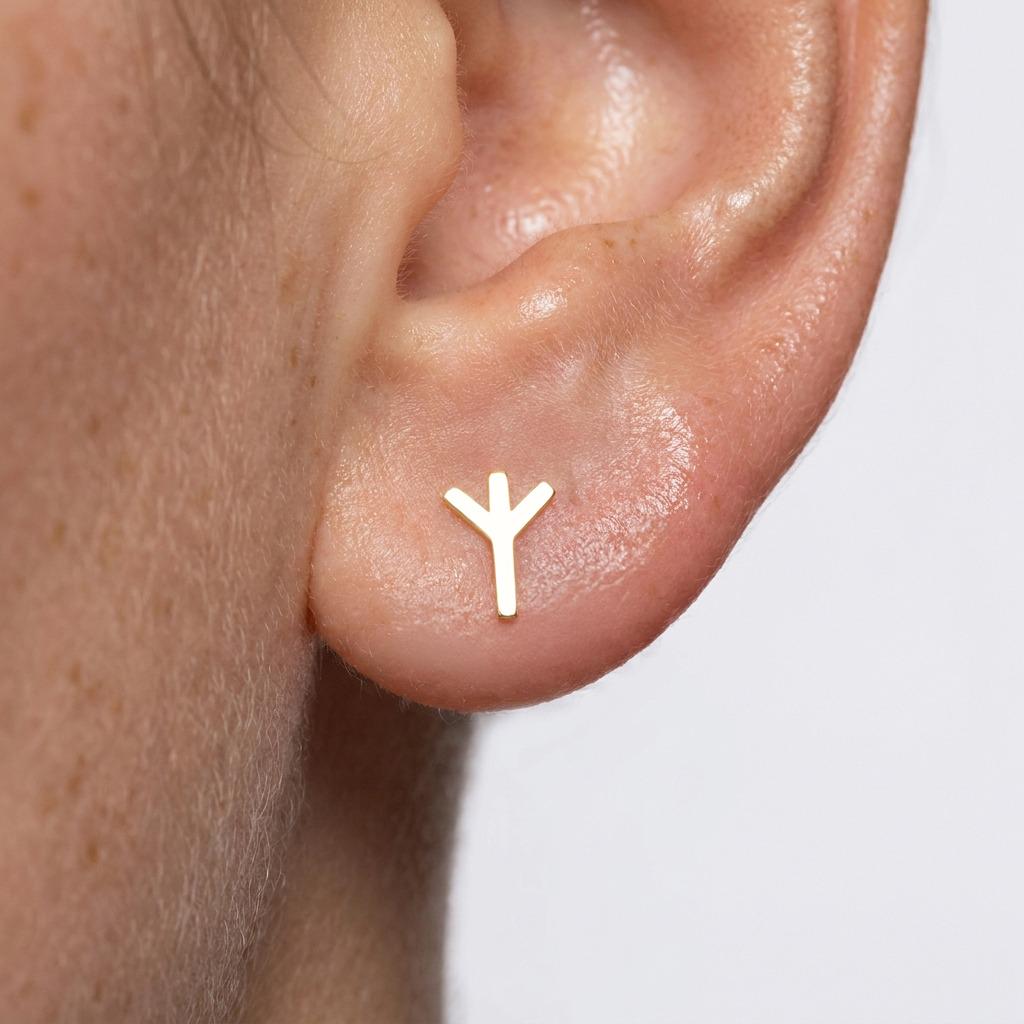 Pair of tiny flat gold Viking rune stud earrings with straight carved strokes (2 of 6)