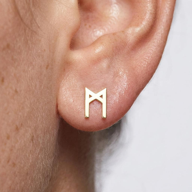 Pair of tiny flat gold Viking rune stud earrings with straight carved strokes (3 of 6)