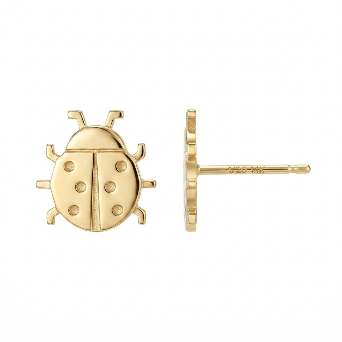 Pair of tiny gold ladybug stud earrings with rounded wings and spots, on plain posts.