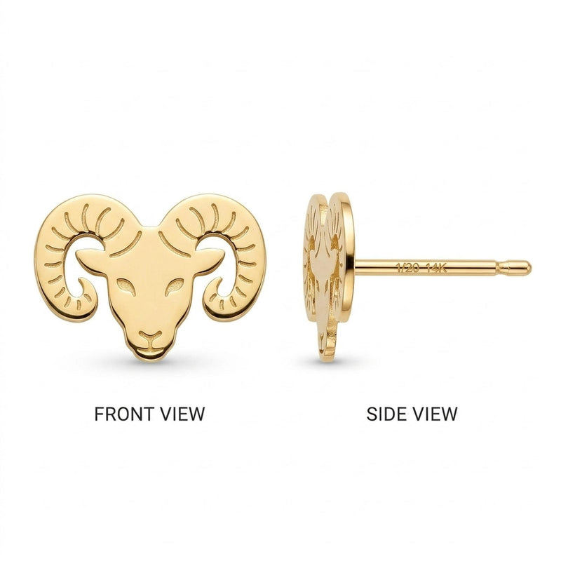 Pair of small gold ram head stud earrings with curled horns