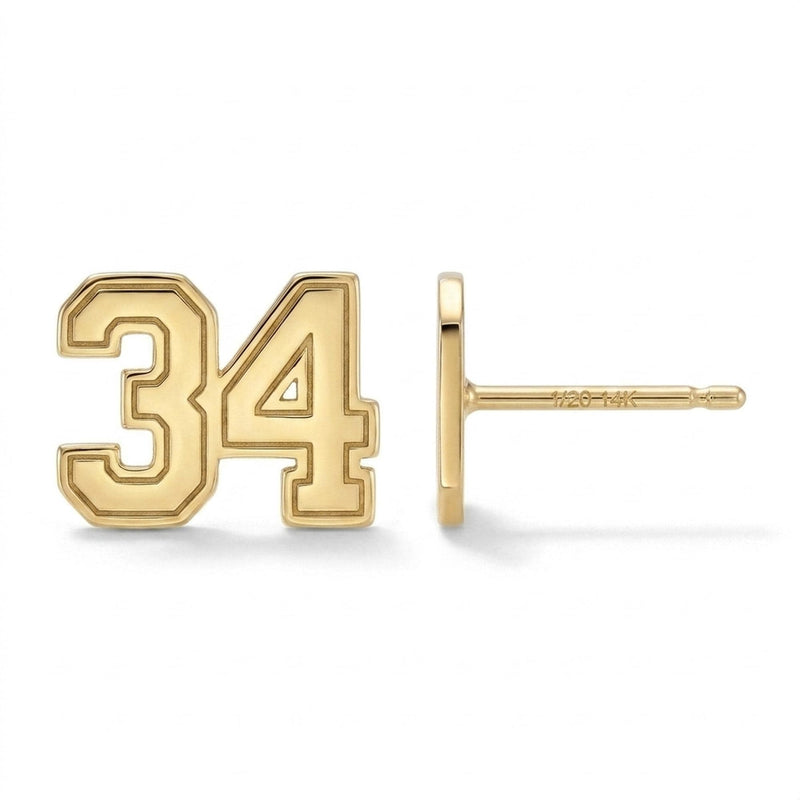 Pair of small gold sports jersey stud earrings with a number on the front
