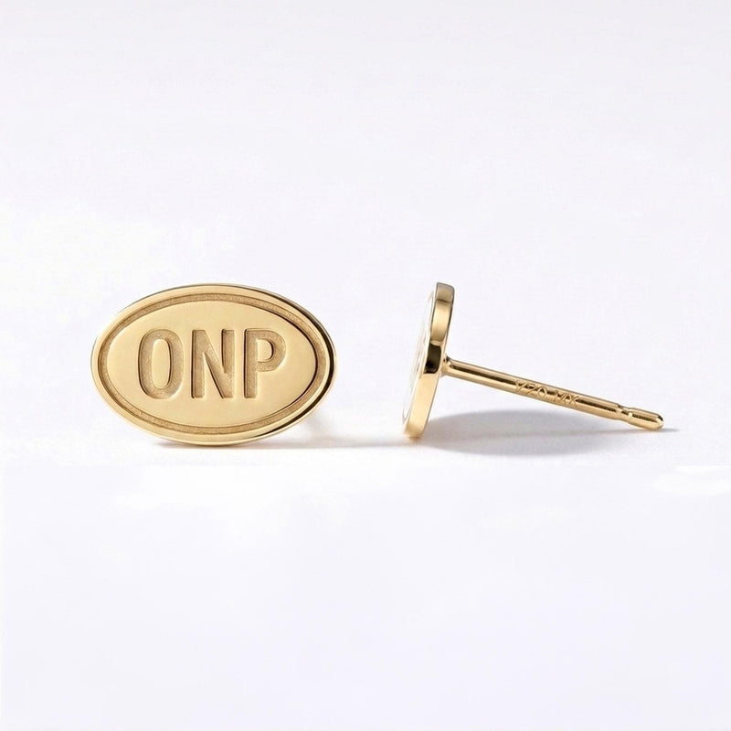 Olympic National Park Oval Stud Earrings, 24k gold vermeil, photographed on white