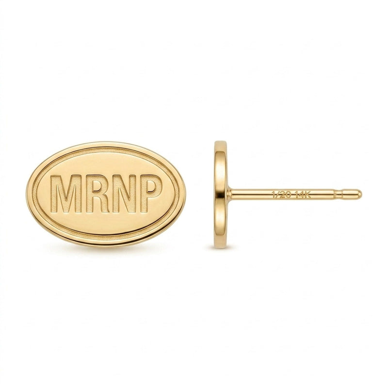 Pair of small gold oval stud earrings showing Mount Rainier peak