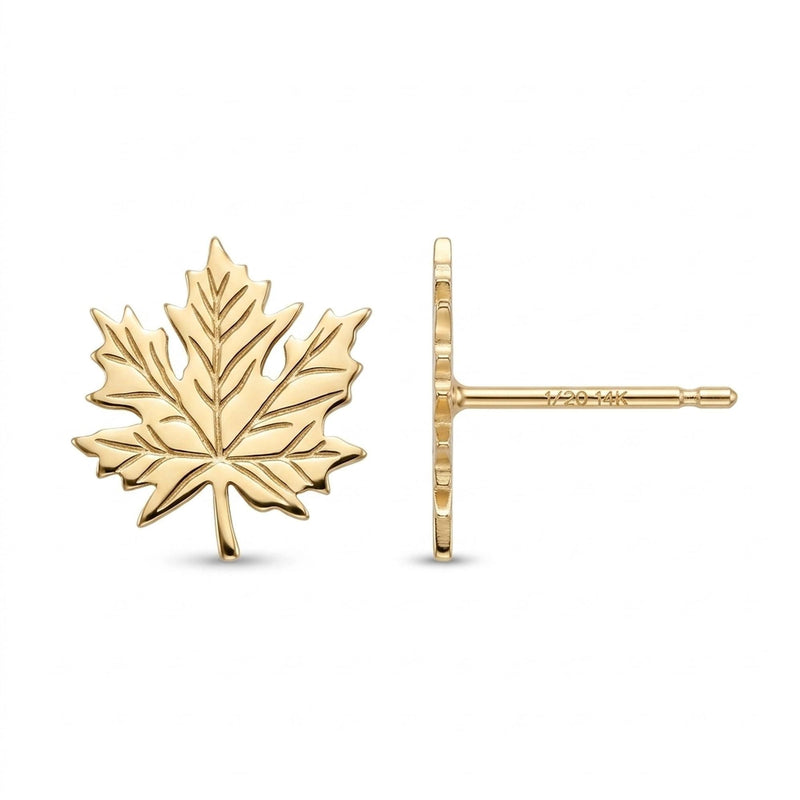 Maple Leaf Stud Earrings, 24k gold vermeil, photographed on white