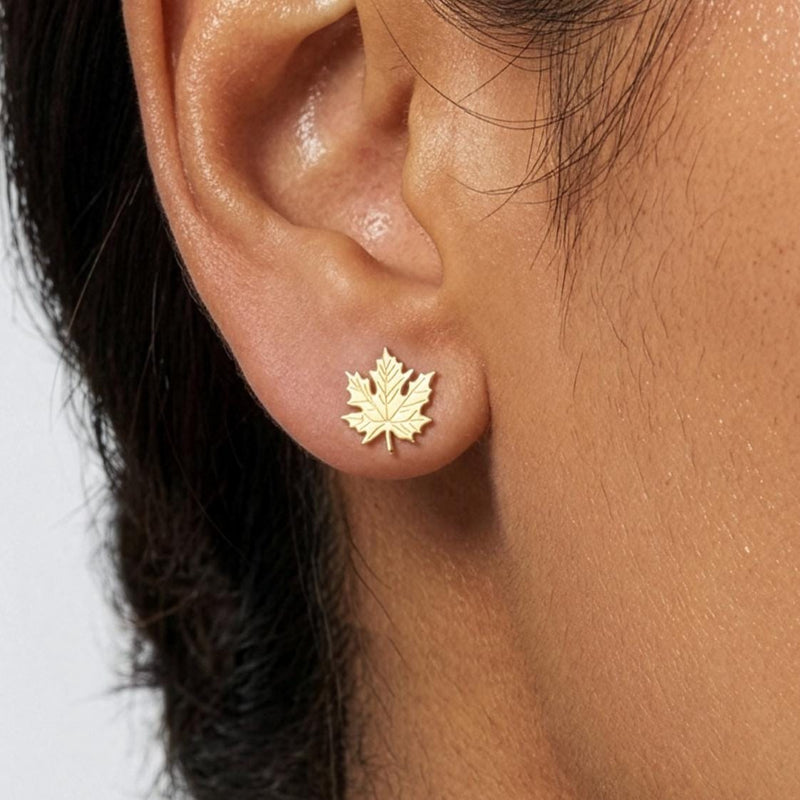Blooblee Maple Leaf Stud Earrings, 24k gold vermeil