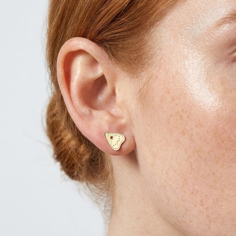 Pair of small gold planchette stud earrings with a round cutout window (3 of 10)