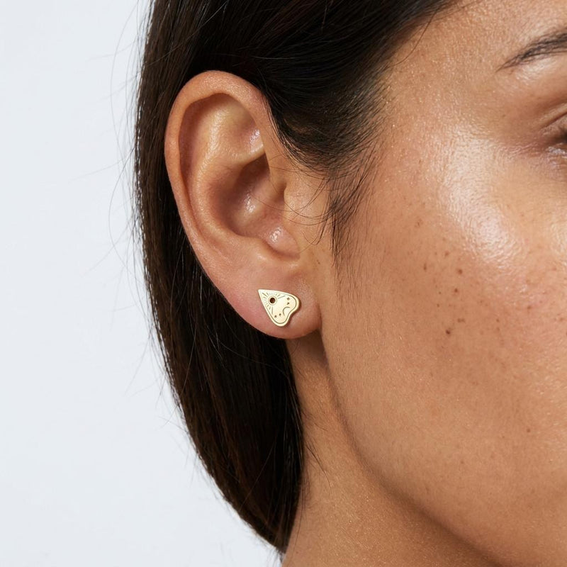 Pair of small gold planchette stud earrings with a round cutout window (4 of 10)