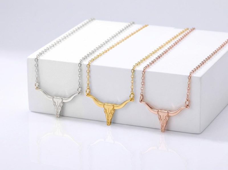 Gold longhorn steer head pendant with wide curved horns on a fine chain (2 of 7)