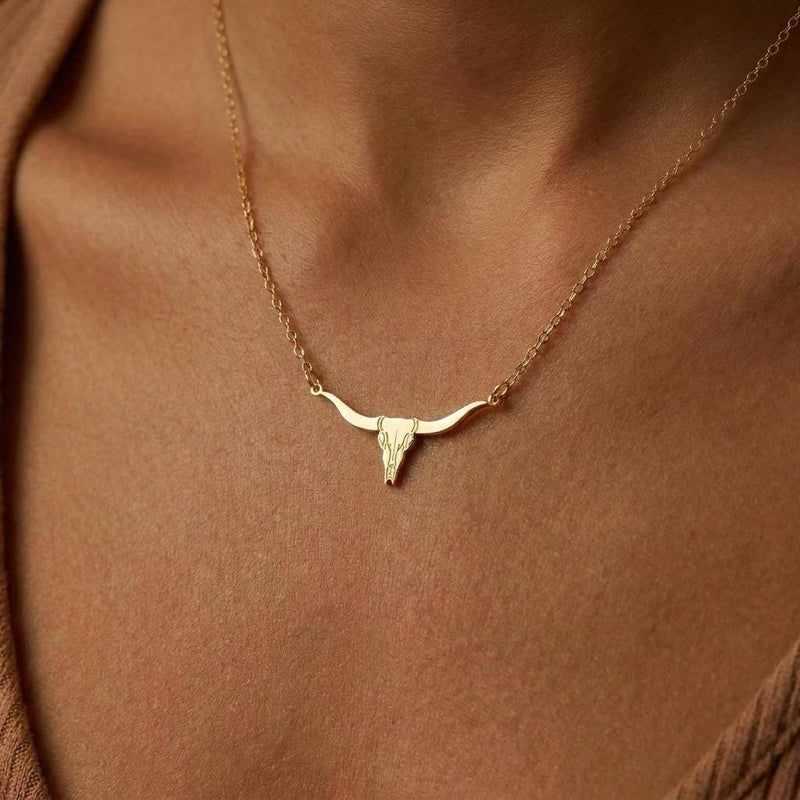 Gold longhorn steer head pendant with wide curved horns on a fine chain (3 of 7)