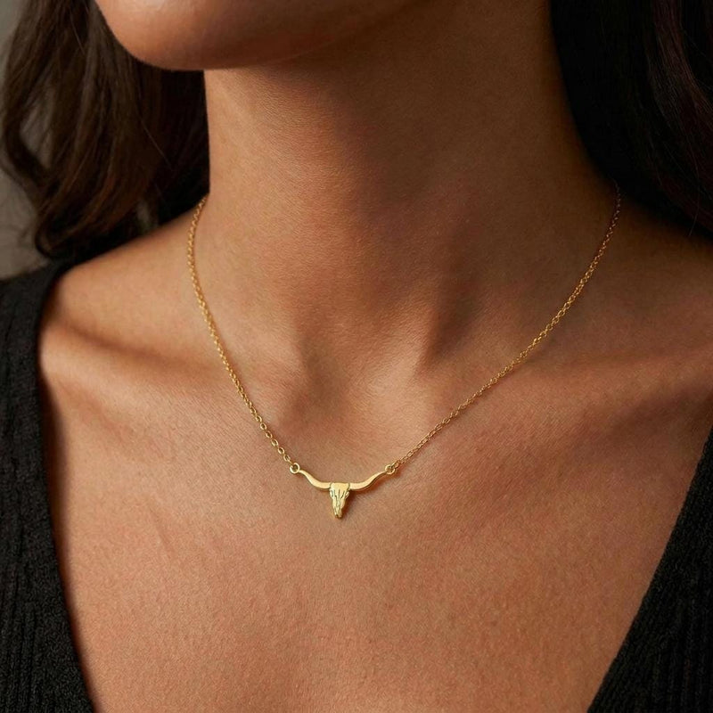 Gold longhorn steer head pendant with wide curved horns on a fine chain (4 of 7)