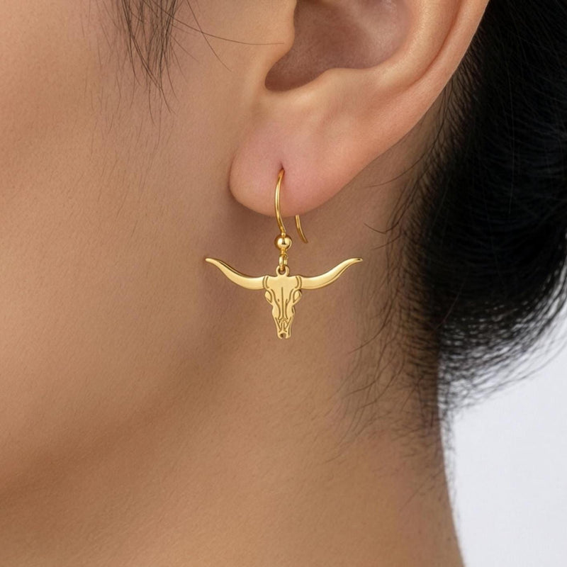 Pair of gold longhorn steer head stud earrings with wide curved horns (2 of 8)