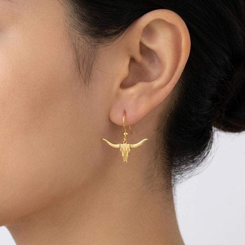 Pair of gold longhorn steer head stud earrings with wide curved horns (3 of 8)