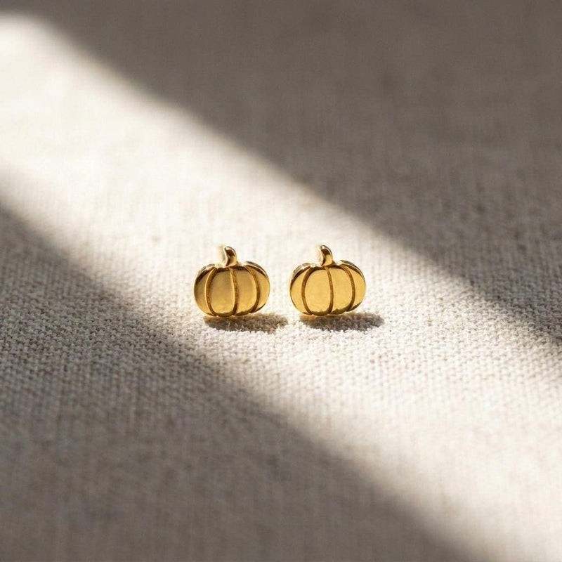 Pair of tiny gold ribbed pumpkin stud earrings with short stems (2 of 10)