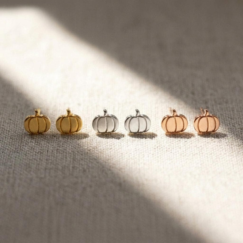 Pair of tiny gold ribbed pumpkin stud earrings with short stems (3 of 10)