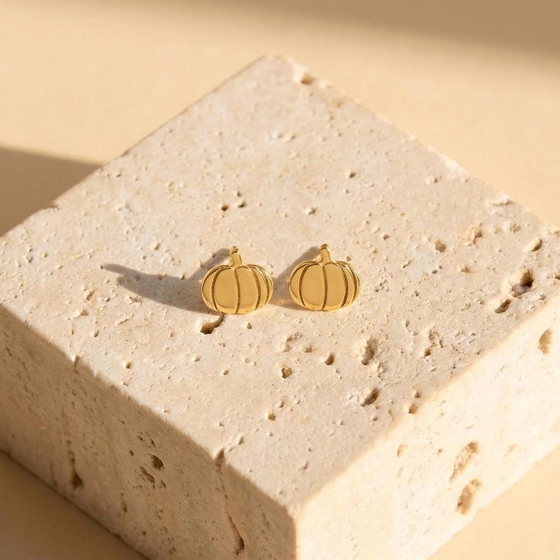 Pair of tiny gold ribbed pumpkin stud earrings with short stems (5 of 10)
