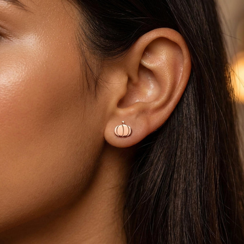 Pair of tiny gold ribbed pumpkin stud earrings with short stems (6 of 10)
