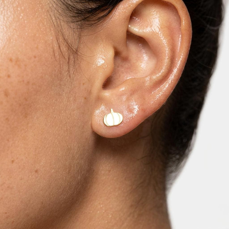 Pair of tiny gold ribbed pumpkin stud earrings with short stems (7 of 10)