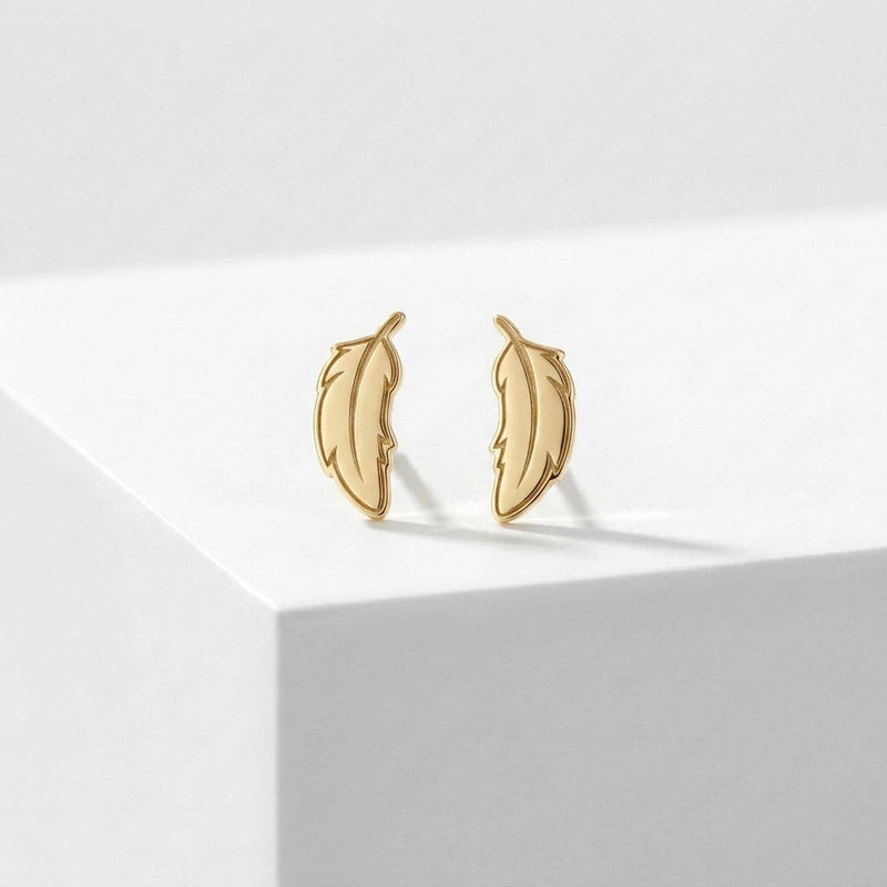 Feather Stud Earrings, 24k gold vermeil, photographed on white