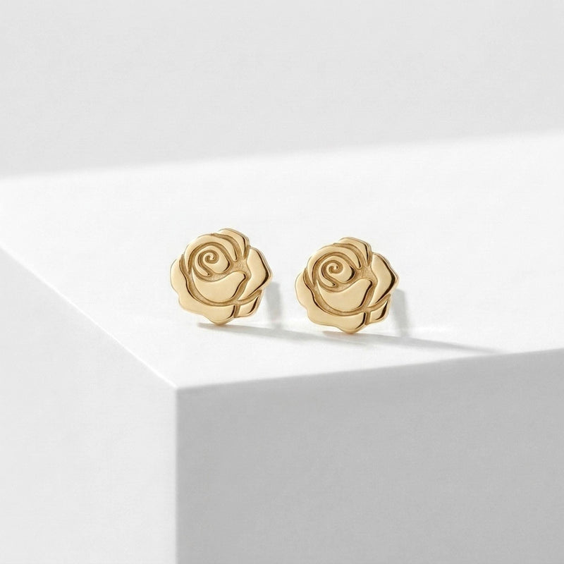 Pair of small gold rose flower stud earrings with layered curling petals (2 of 6)