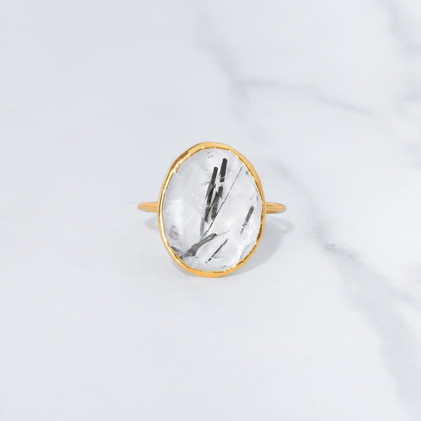 Chunky Rutilated Quartz Ring Handmade Large Raw Gemstone