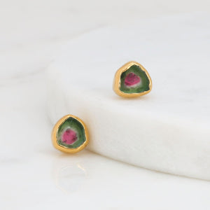 Dainty Raw Watermelon Tourmaline Stud Earrings Gemstone