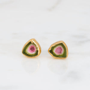Dainty Raw Watermelon Tourmaline Stud Earrings Gemstone