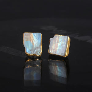 Natural Rainbow Moonstone Earrings • June Birthstone • Gold Filled • Handmade Summer Jewelry • Raw Gemstone Witchy Earrings • 24k Dip • Pair