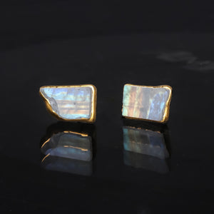 Natural Rainbow Moonstone Earrings • June Birthstone • Gold Filled • Handmade Summer Jewelry • Raw Gemstone Witchy Earrings • 24k Dip • Pair
