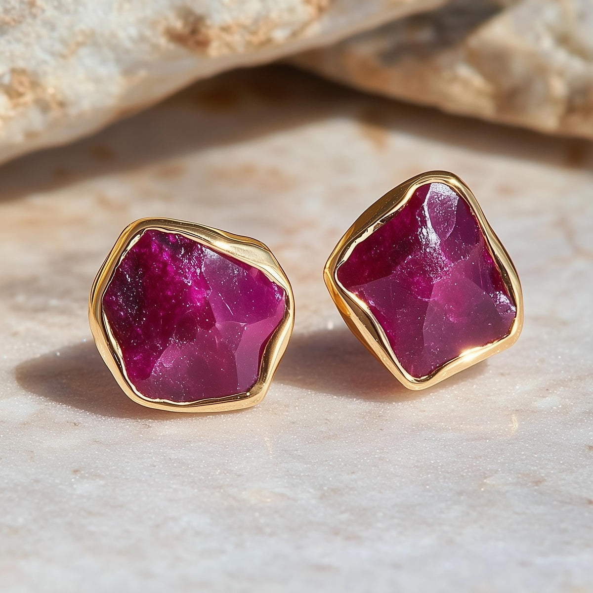Raw Ruby Earrings in Yellow Gold