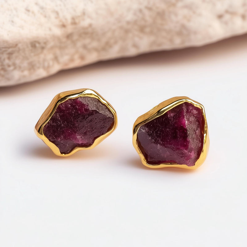 Raw Ruby Earrings in Yellow Gold