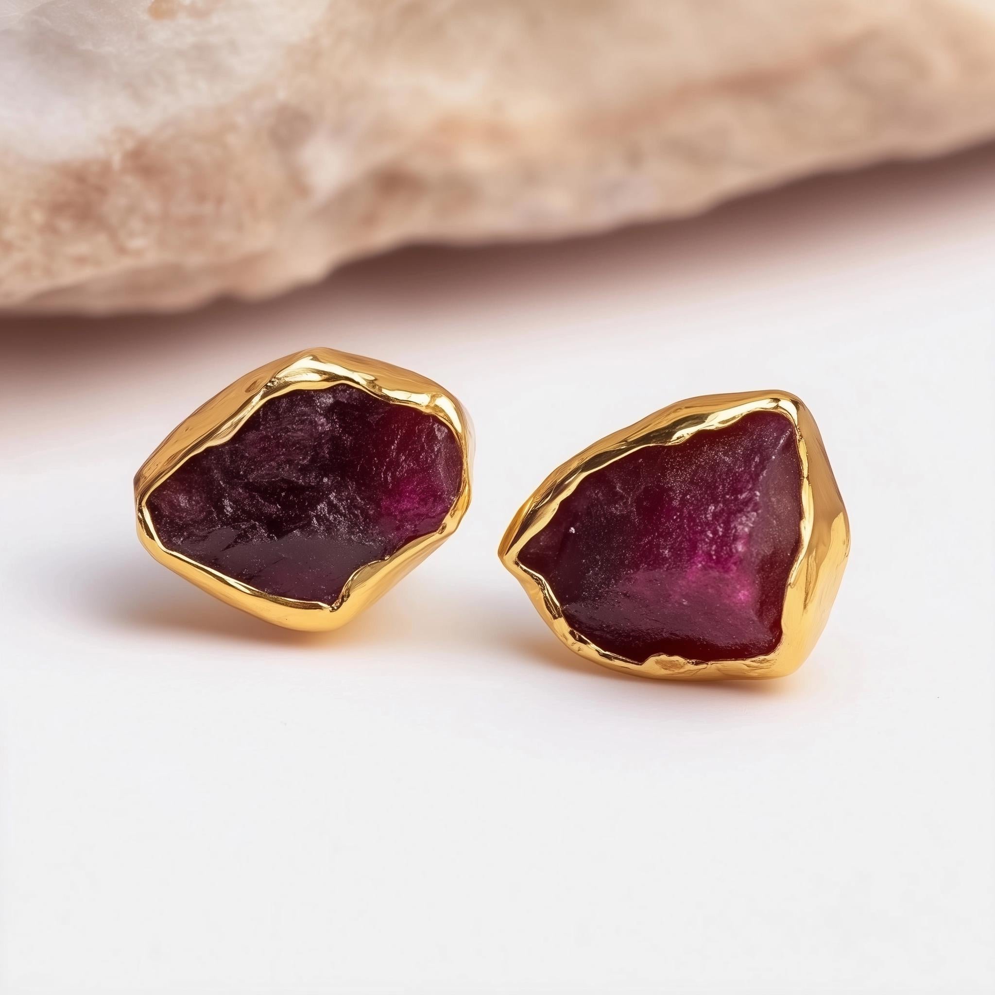 Raw Ruby Earrings in Yellow Gold