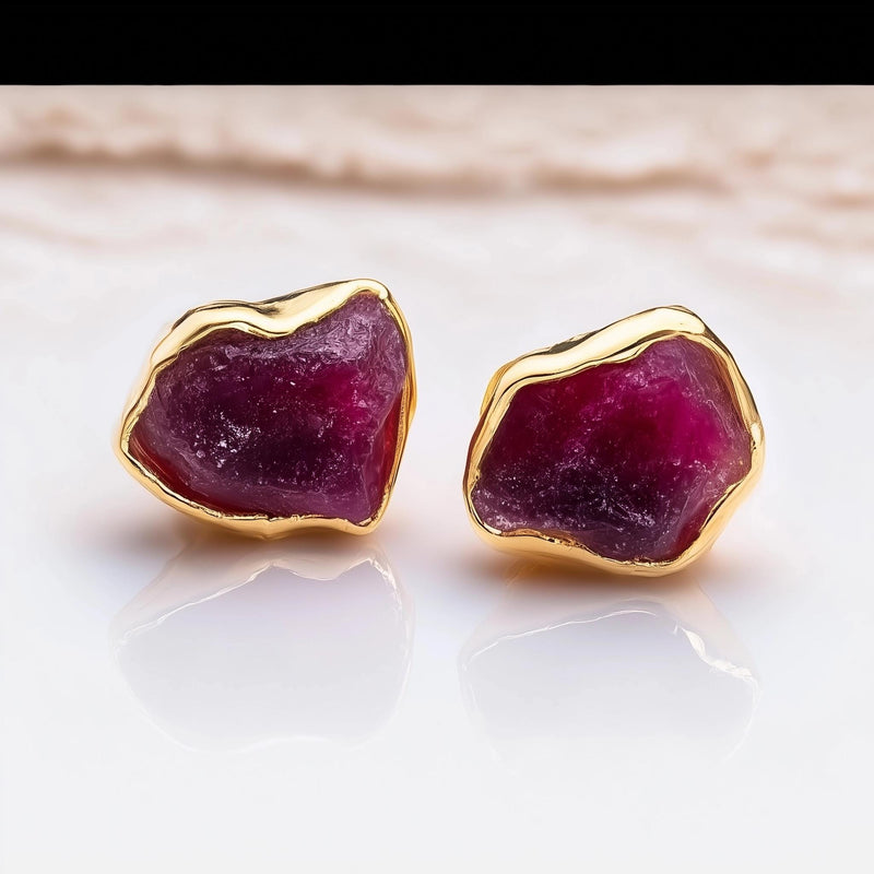 Raw Ruby Earrings in Yellow Gold