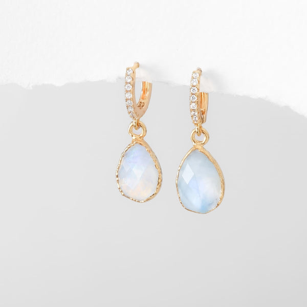 Moonstone Huggie Hoop Earrings • 14k Gold Fill with CZ