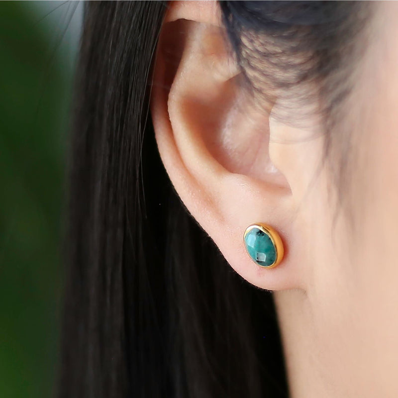Natural Emerald Earrings • Gold Filled Oval Studs May