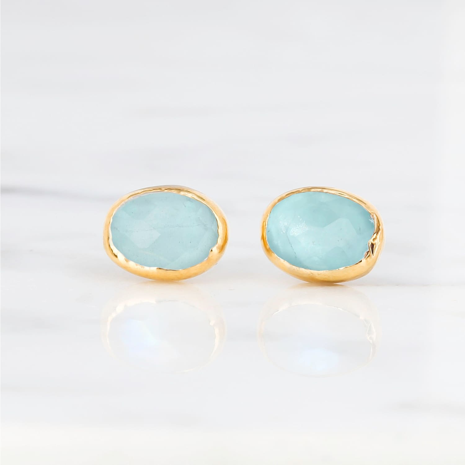 Oval Aquamarine Earrings • Gold Filled • Minimalist Stud •