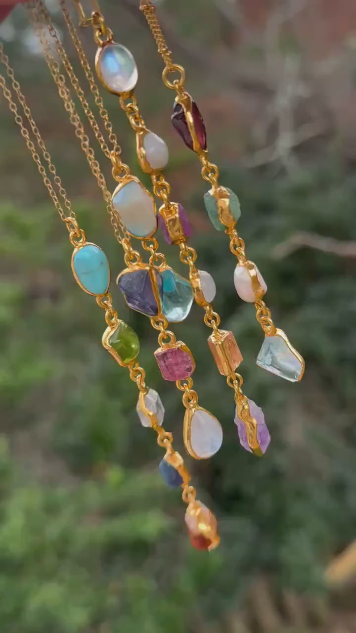 Custom Raw Birthstone Lariat Necklace, Mother's Family Gift