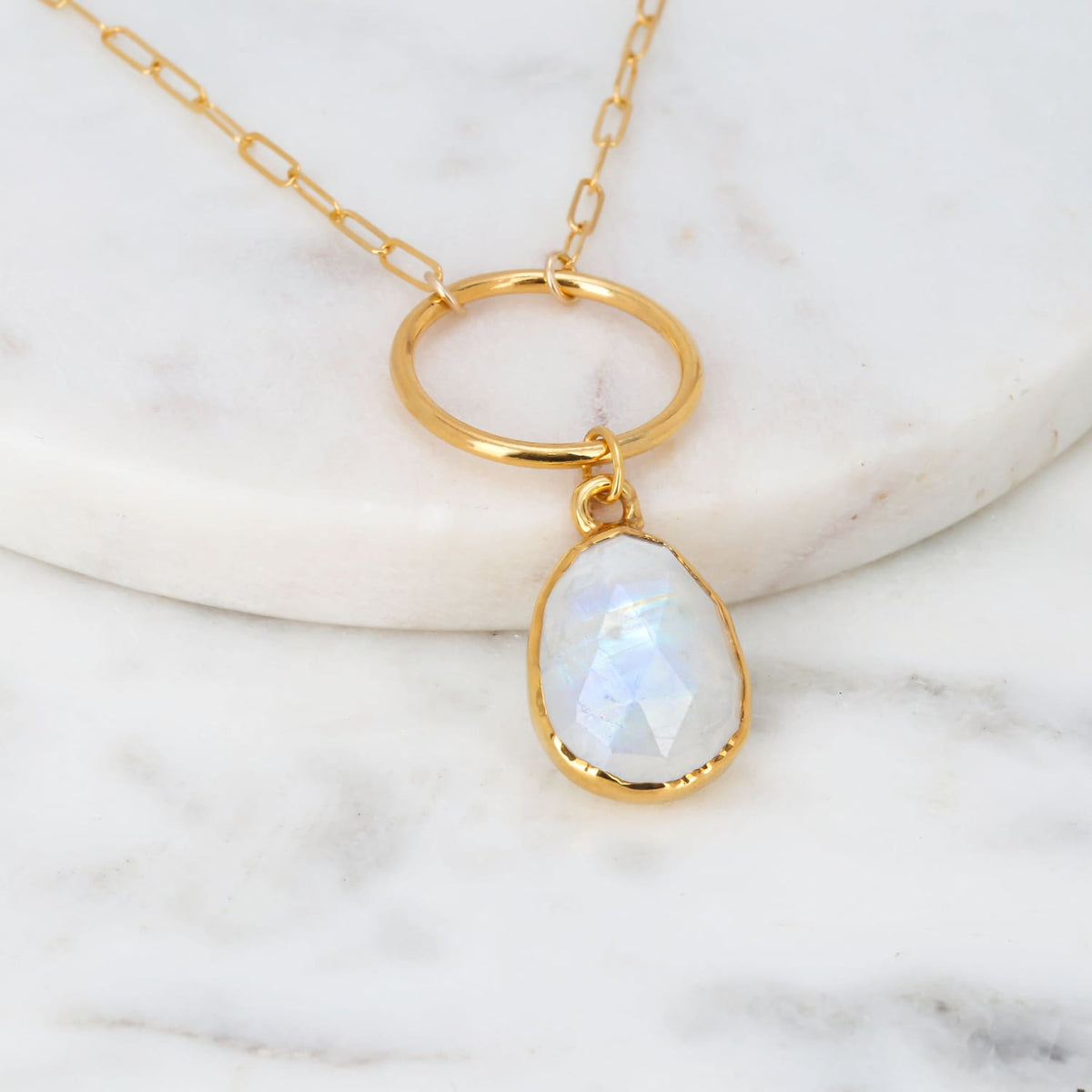 Rain Drop Rainbow Moonstone O-Ring Necklace, 24k gold, photographed on white