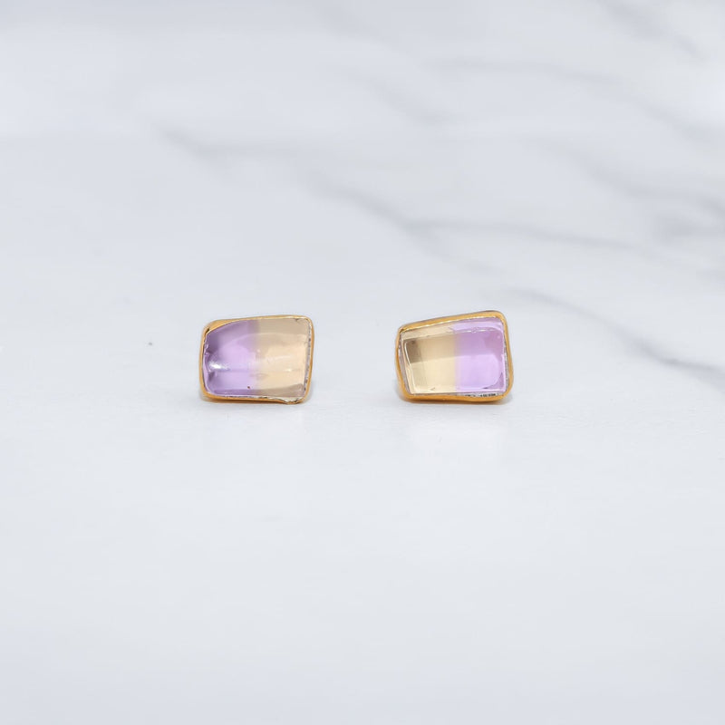 Raw Ametrine Stud Earrings w/ Gold Fill Unique Natural