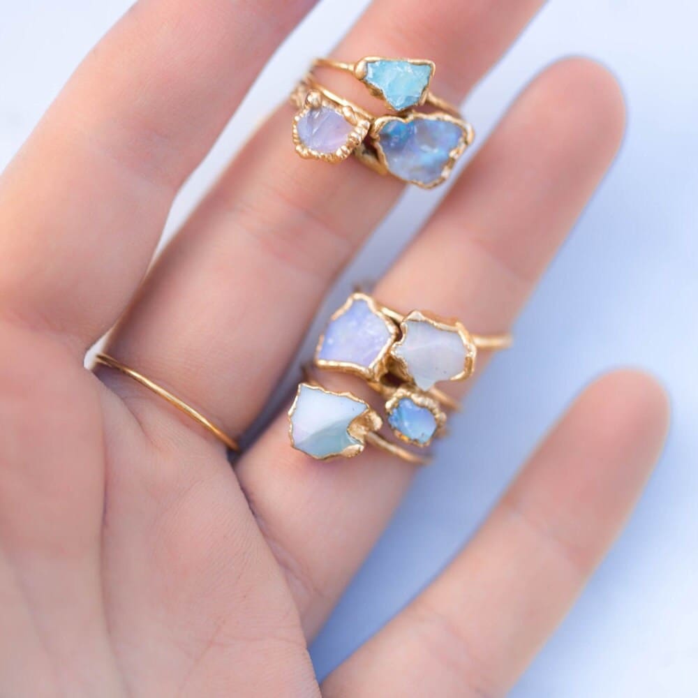 Raw Opal Ring for Women, Gold Ring, Gemstone Stacking Rings, Ring, Engagement Ring, Bohemian Opal Jewelry Whimsigoth • 24k Dip