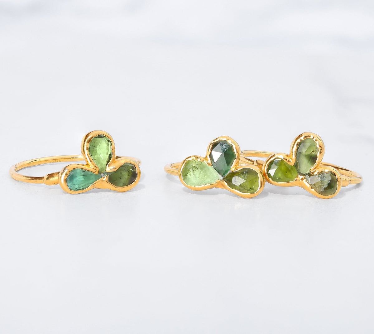 Raw Green Tourmaline Ring, 24k gold, photographed on white