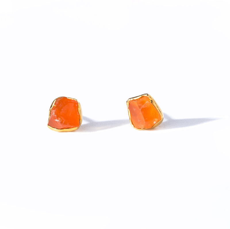 Raw Carnelian Stud Earrings, 24k gold, photographed on white