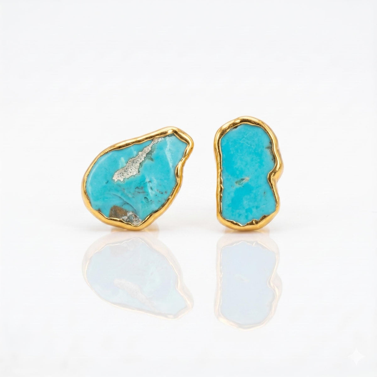 Raw Turquoise Earrings, 24k gold, photographed on white