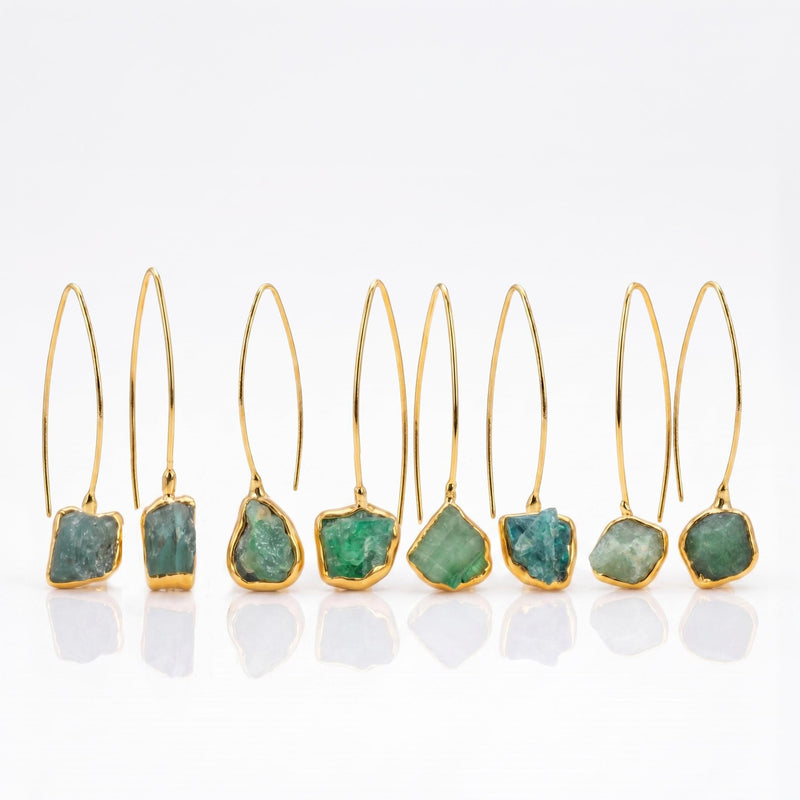 Ringcrush Raw Emerald Dangle Earrings, 24k gold
