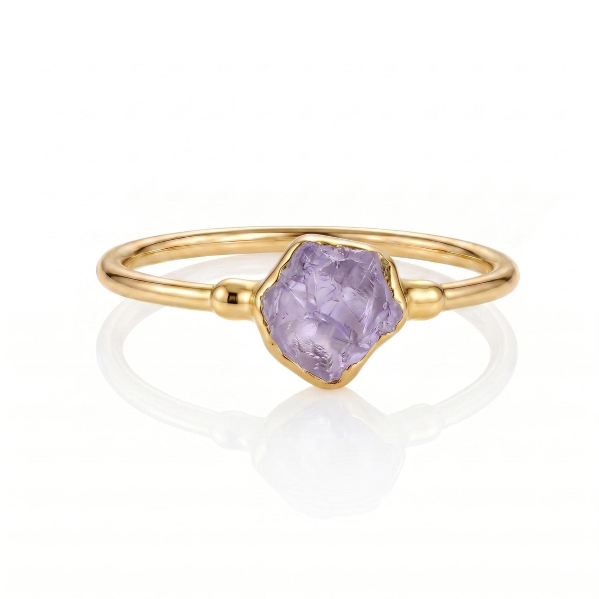 Raw Amethyst Ring, 24k gold, photographed on white