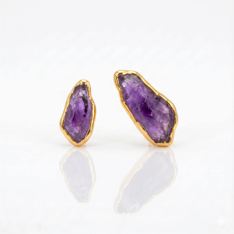 Raw Amethyst Stud Earrings on a white background
