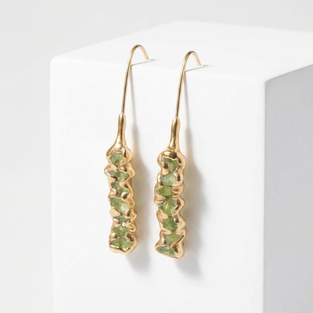 Ringcrush Raw Peridot Dangle Earrings, 24k gold
