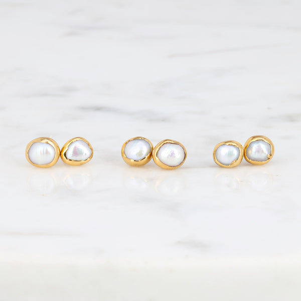 Mini Pearl Stud Earrings, 24k gold, photographed on white