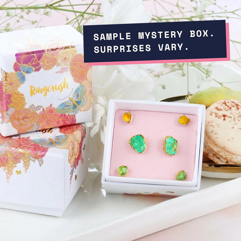 Sample Ringcrush earring mystery box with three pairs of raw gemstone studs